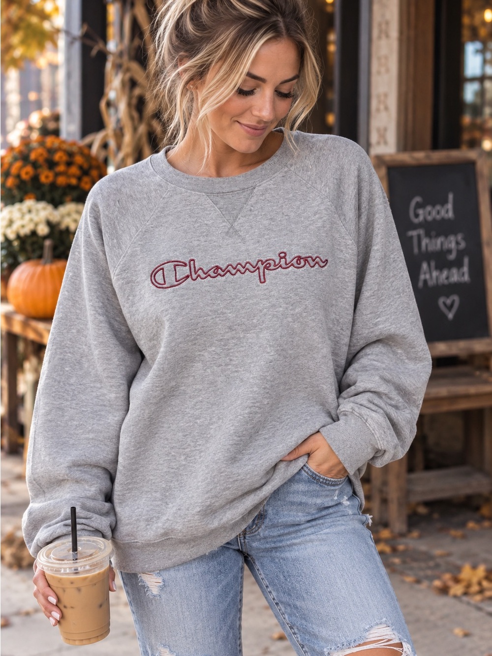 Champion Women's Heather Gray Crewneck with Burgundy Script Logo